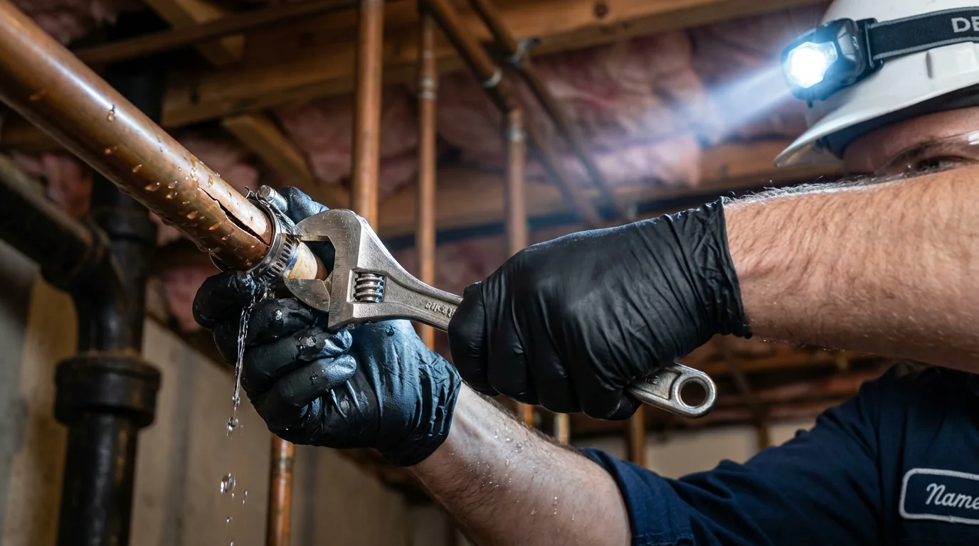 Emergency pipe clamp repair being performed by a Johns Plumbing LLC plumber in LaGrange